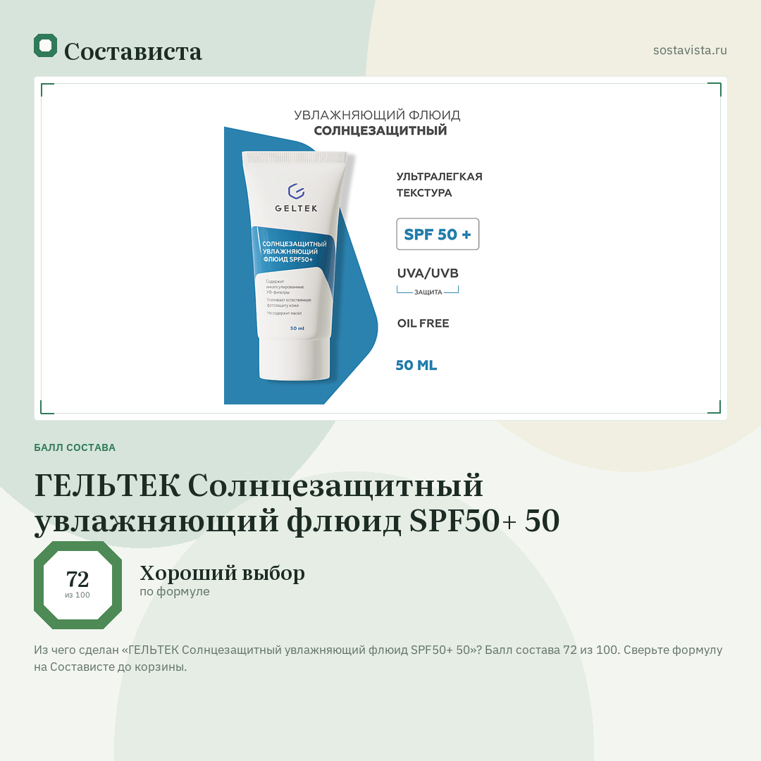 ГЕЛЬТЕК Солнцезащитный увлажняющий флюид SPF50+ 50: балл состава 72 из 100 — Состависта