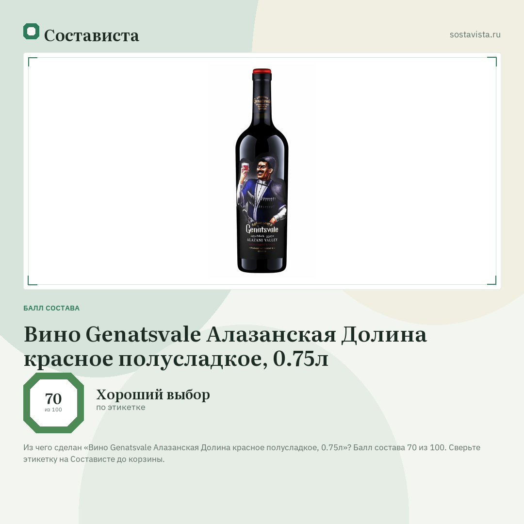 Вино Genatsvale Алазанская Долина красное полусладкое, 0.75л: балл состава 70 из 100 — Состависта