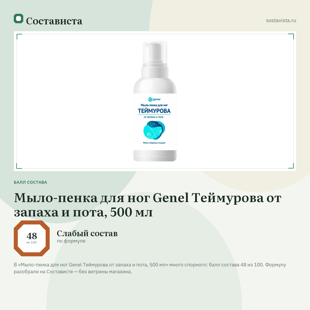 Мыло-пенка для ног Genel Теймурова от запаха и пота, 500 мл: балл состава 48 из 100 — Состависта