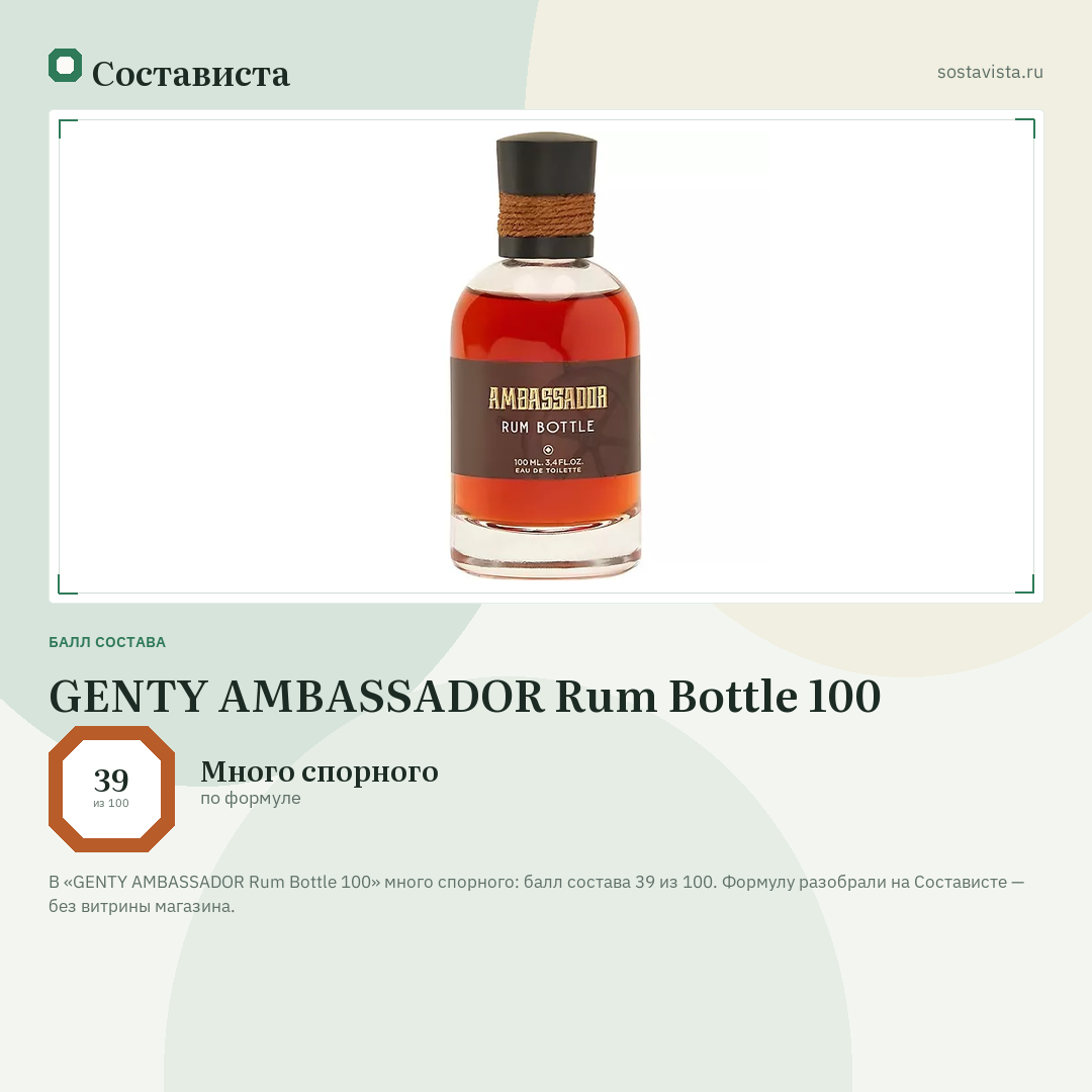 GENTY AMBASSADOR Rum Bottle 100: балл состава 39 из 100 — Состависта