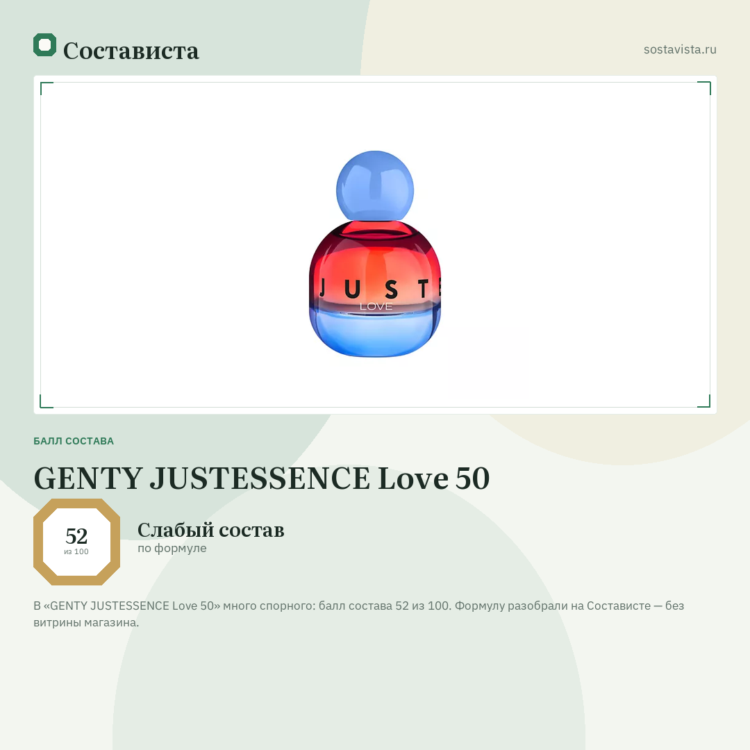 GENTY JUSTESSENCE Love 50: балл состава 52 из 100 — Состависта