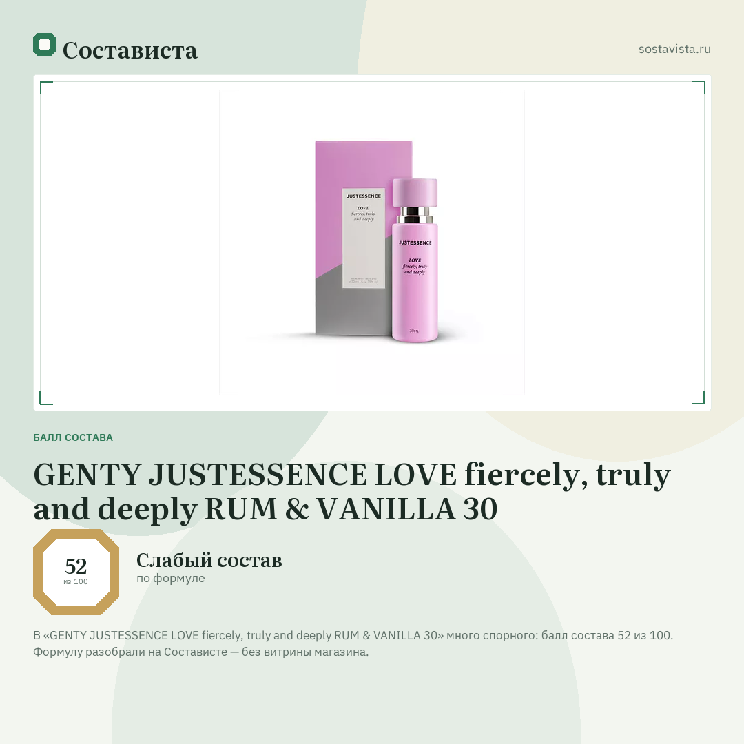 GENTY JUSTESSENCE LOVE fiercely, truly and deeply RUM & VANILLA 30: балл состава 52 из 100 — Состависта
