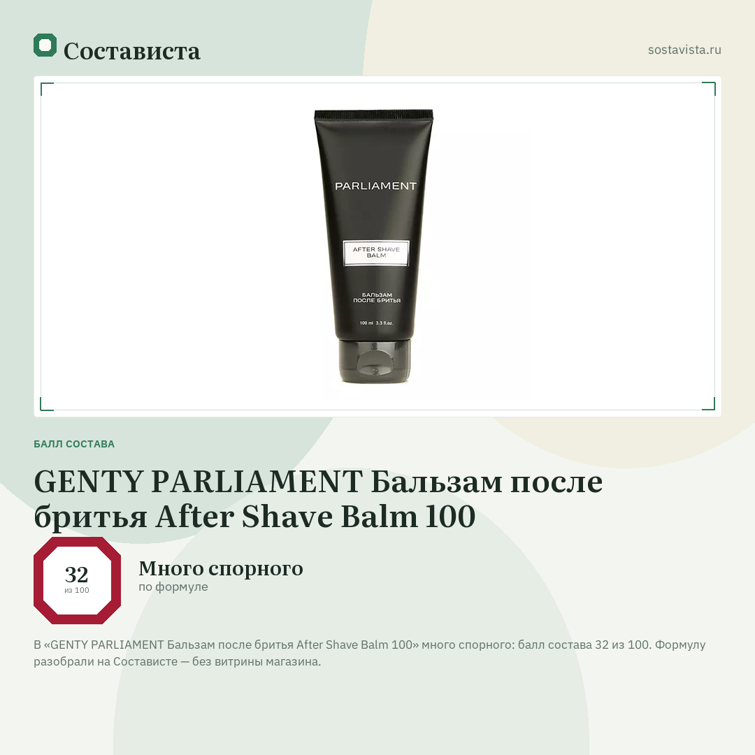 GENTY PARLIAMENT Бальзам после бритья After Shave Balm 100: балл состава 32 из 100 — Состависта