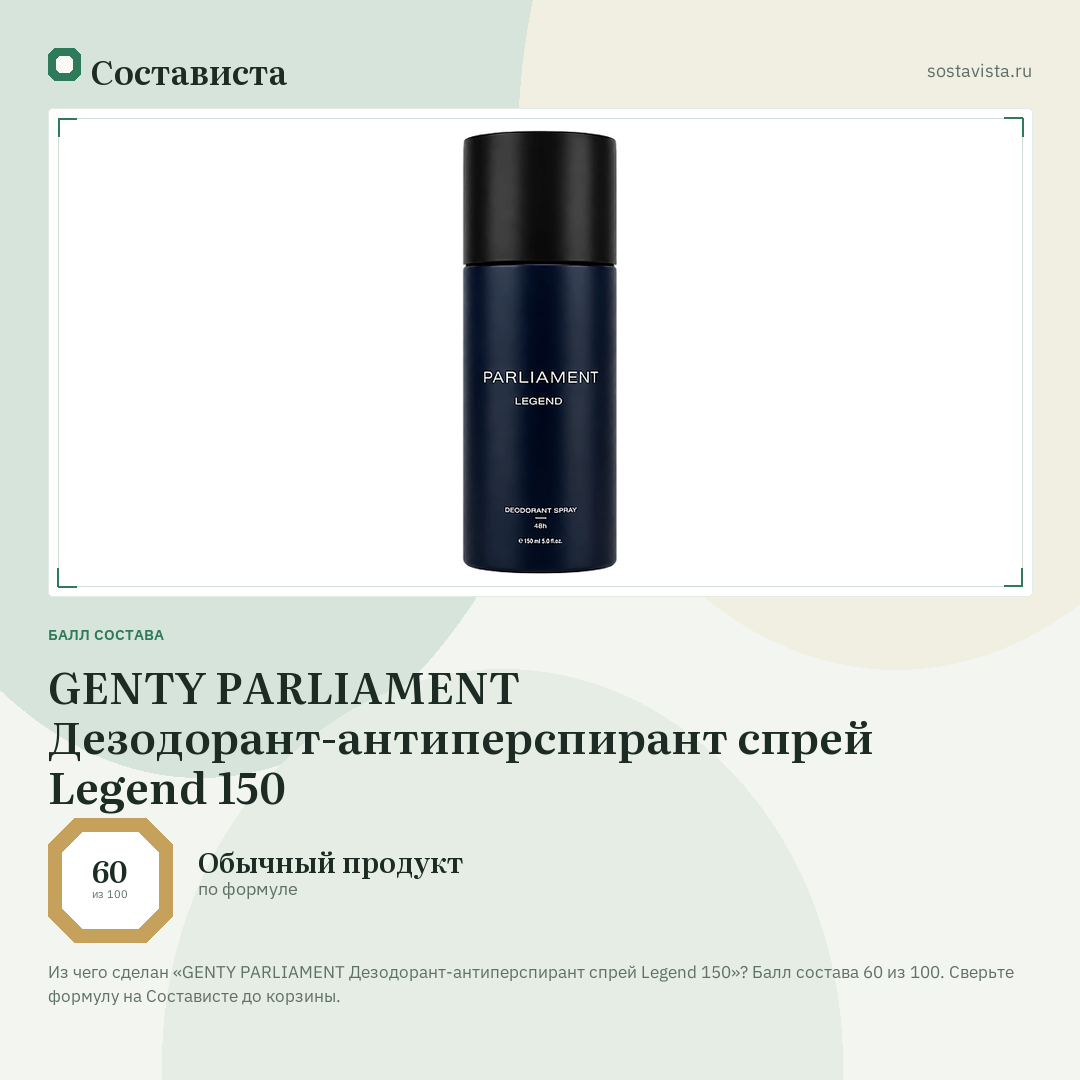 GENTY PARLIAMENT Дезодорант-антиперспирант спрей Legend 150: балл состава 60 из 100 — Состависта