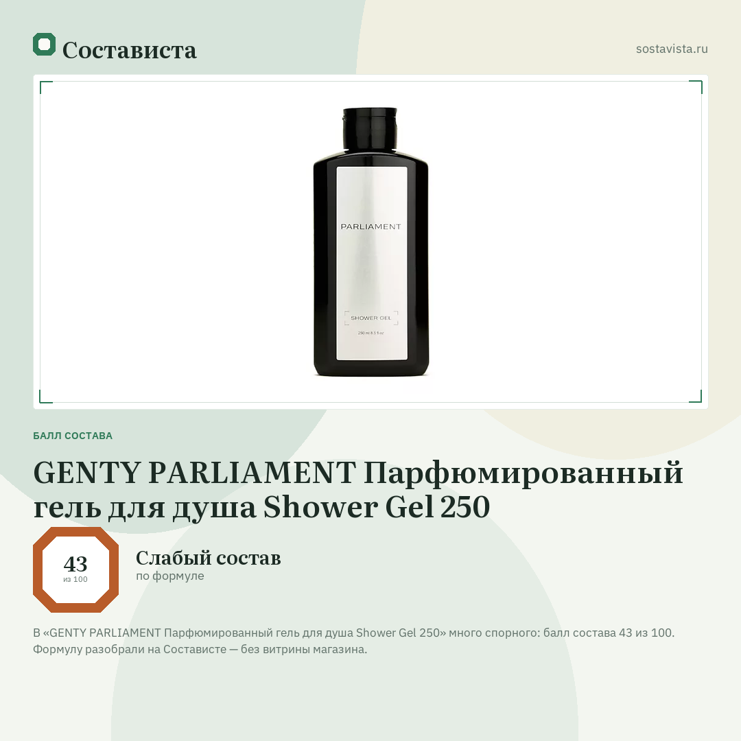 GENTY PARLIAMENT Парфюмированный гель для душа Shower Gel 250: балл состава 43 из 100 — Состависта