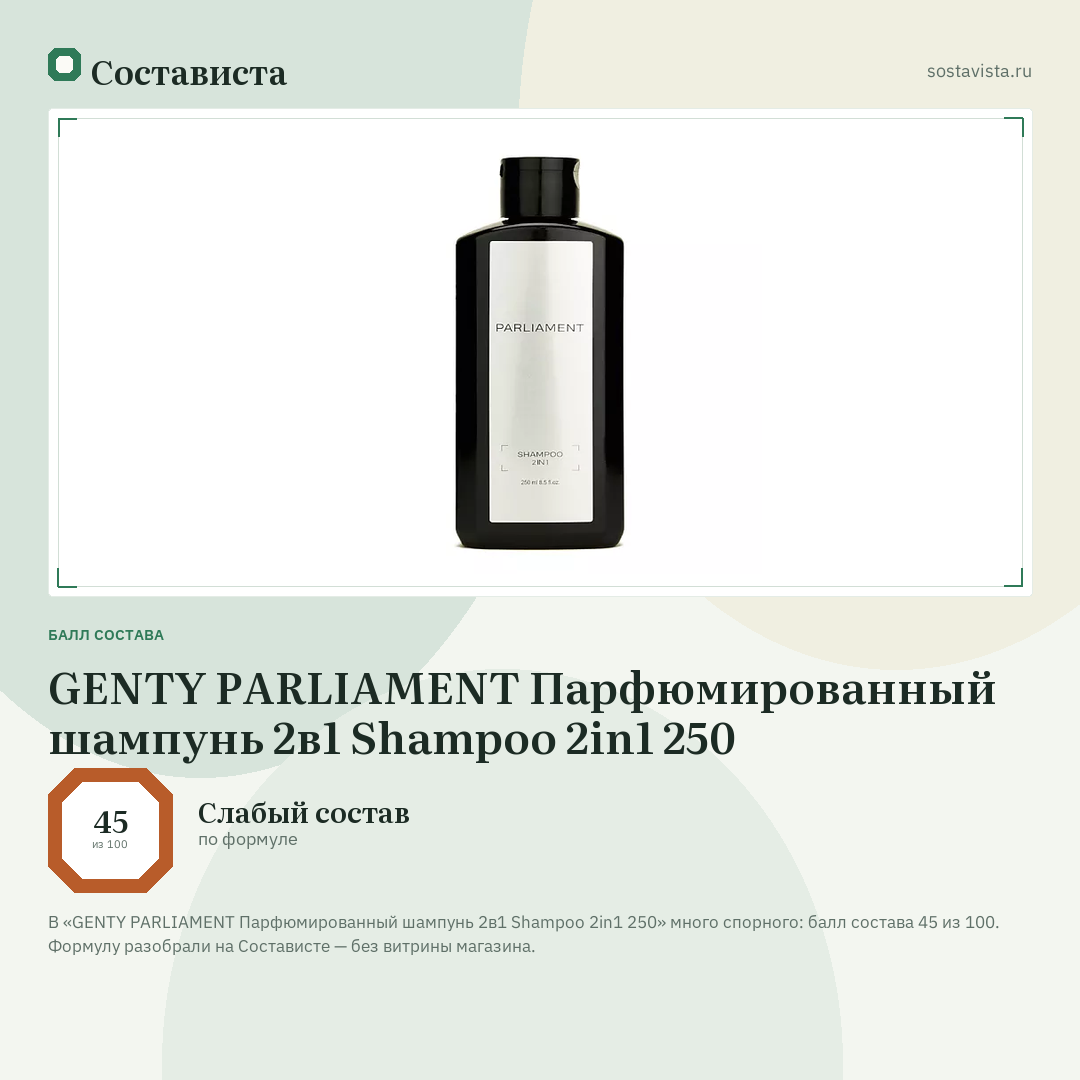 GENTY PARLIAMENT Парфюмированный шампунь 2в1 Shampoo 2in1 250: балл состава 45 из 100 — Состависта