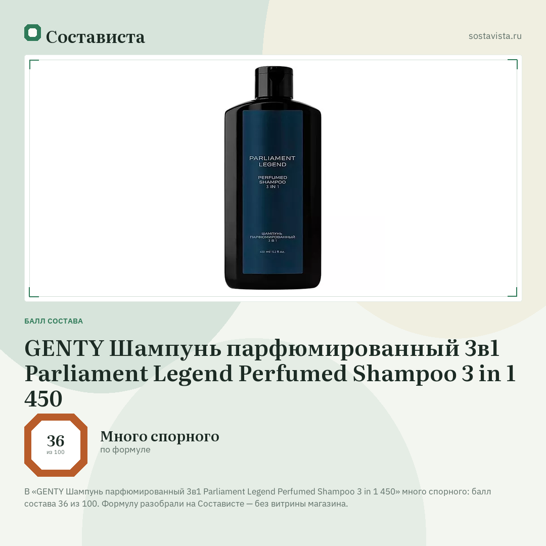 GENTY Шампунь парфюмированный 3в1 Parliament Legend Perfumed Shampoo 3 in 1 450: балл состава 36 из 100 — Состависта