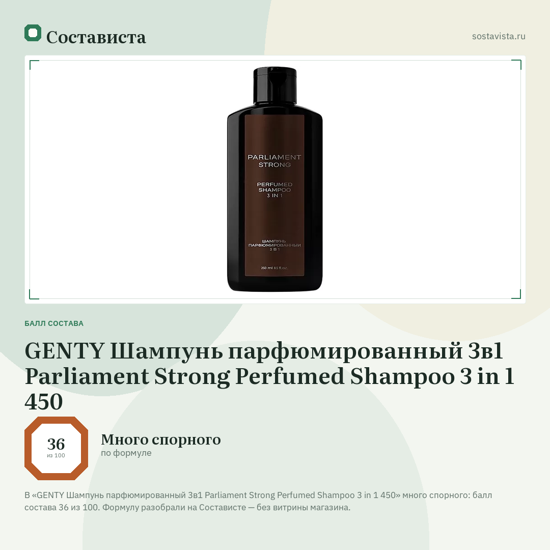 GENTY Шампунь парфюмированный 3в1 Parliament Strong Perfumed Shampoo 3 in 1 450: балл состава 36 из 100 — Состависта