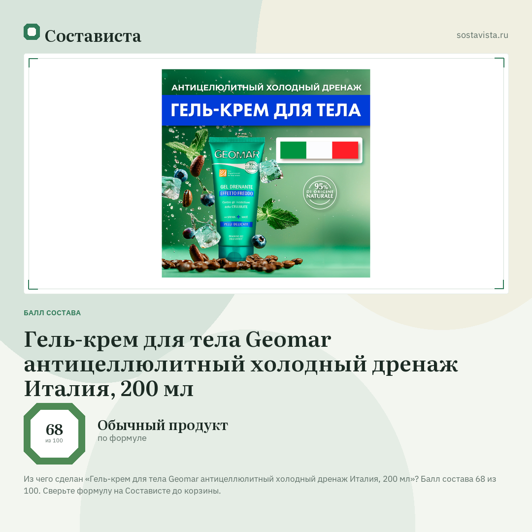Гель-крем для тела Geomar антицеллюлитный холодный дренаж Италия, 200 мл: балл состава 68 из 100 — Состависта