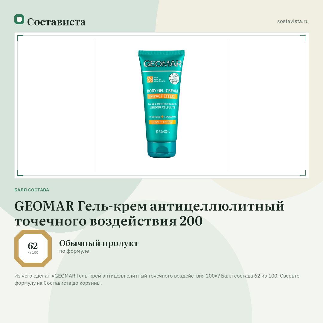 GEOMAR Гель-крем антицеллюлитный точечного воздействия 200: балл состава 62 из 100 — Состависта