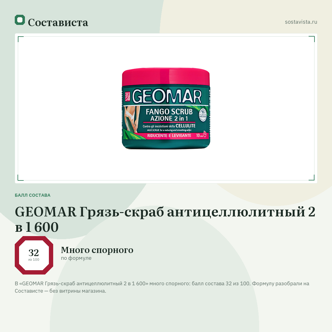 GEOMAR Грязь-скраб антицеллюлитный 2 в 1 600: балл состава 32 из 100 — Состависта