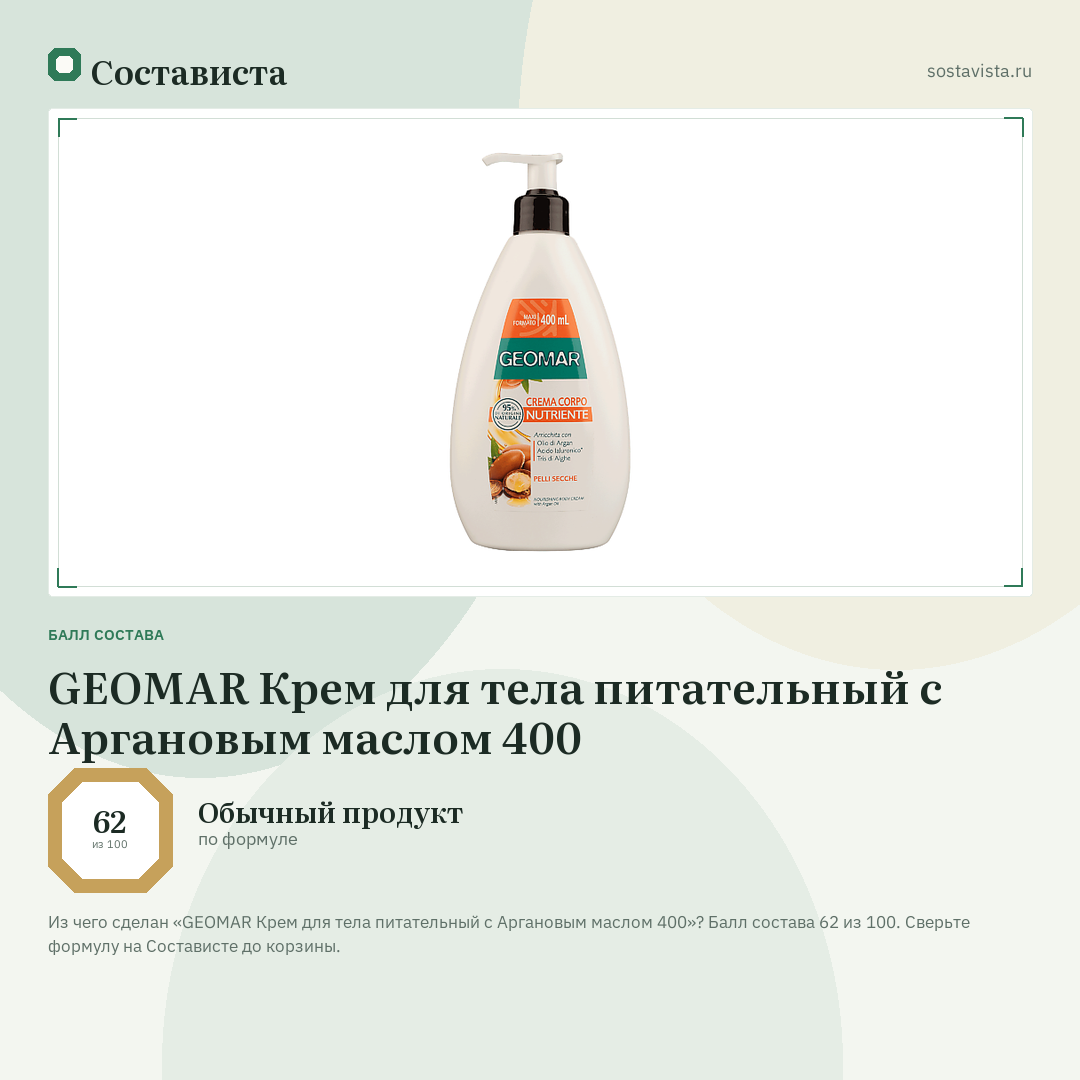 GEOMAR Крем для тела питательный с Аргановым маслом 400: балл состава 62 из 100 — Состависта