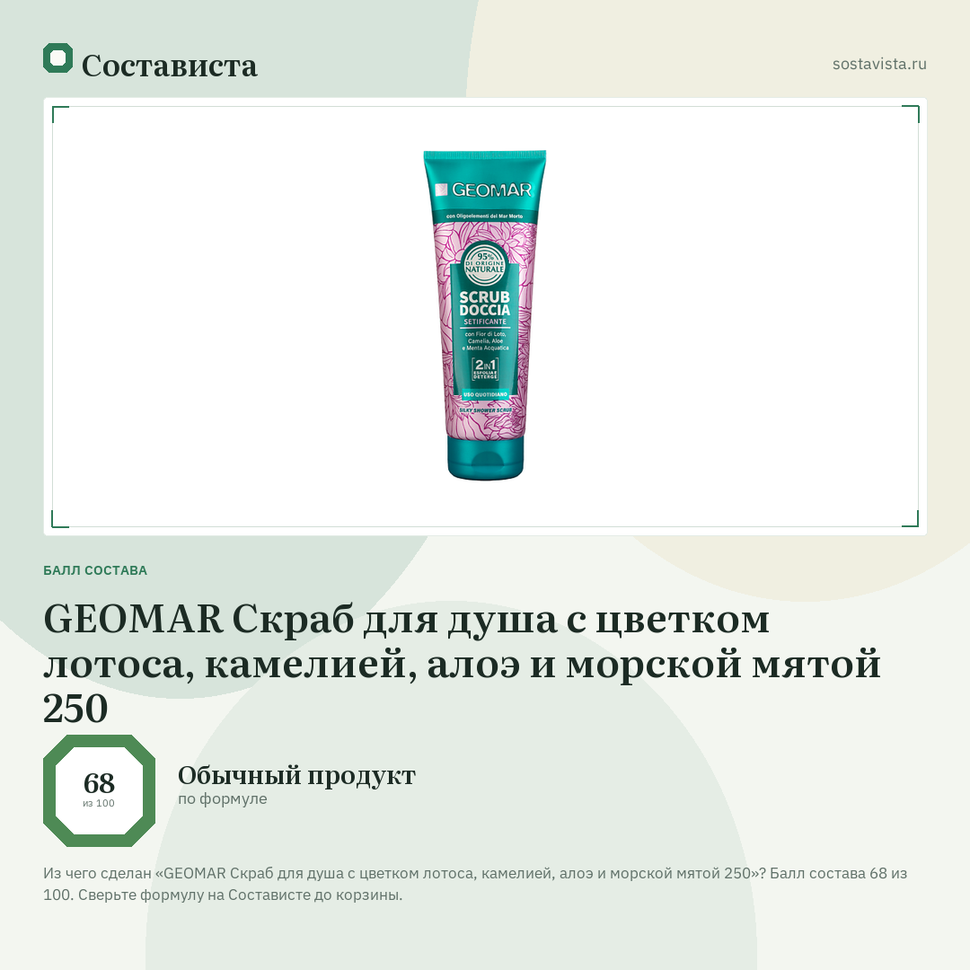 GEOMAR Скраб для душа с цветком лотоса, камелией, алоэ и морской мятой 250: балл состава 68 из 100 — Состависта