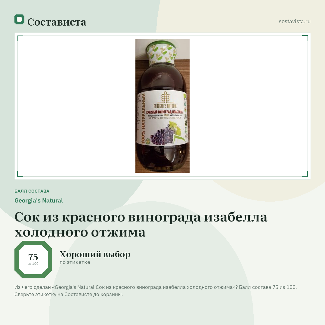 Georgia's Natural Сок из красного винограда изабелла холодного отжима: балл состава 75 из 100 — Состависта