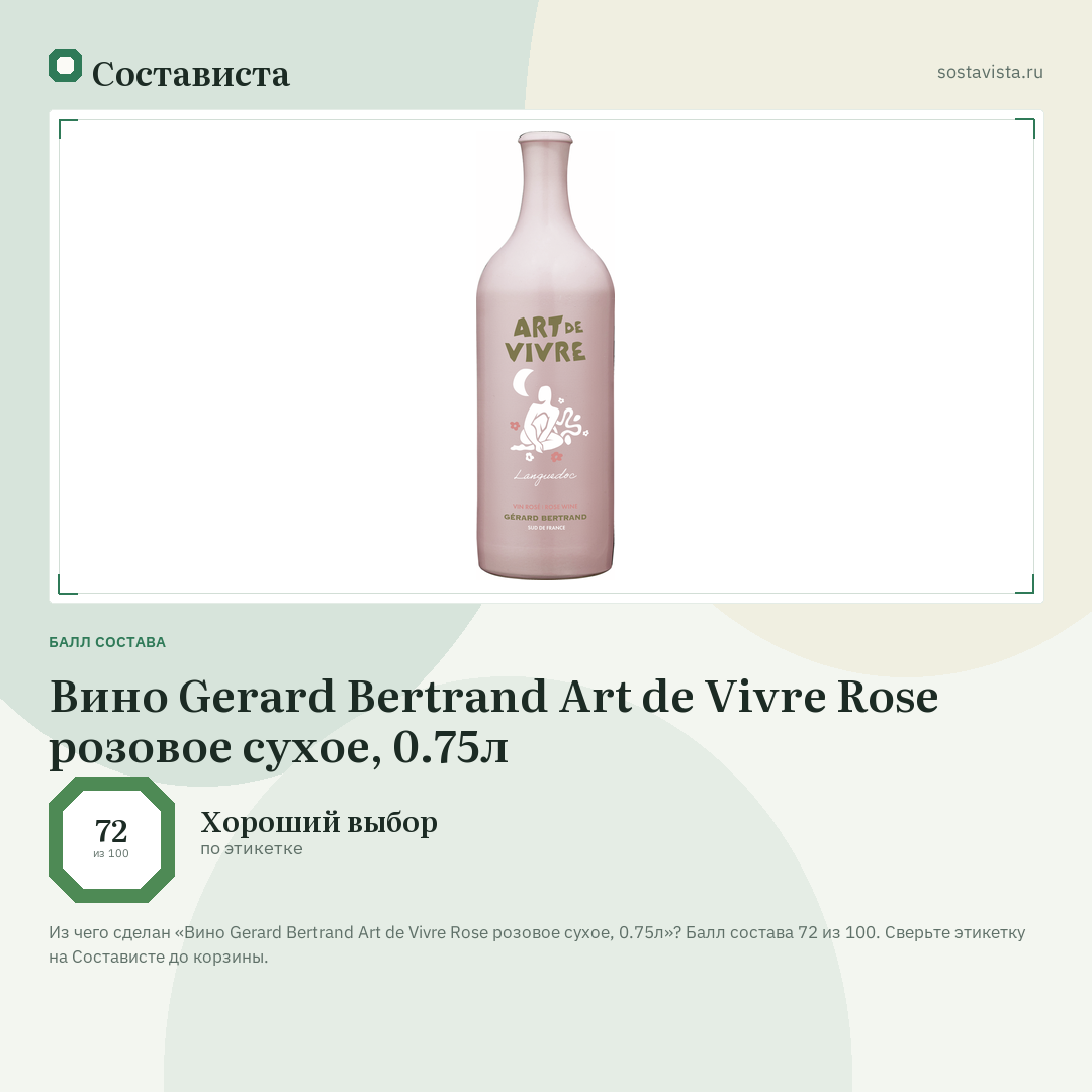 Вино Gerard Bertrand Art de Vivre Rose розовое сухое, 0.75л: балл состава 72 из 100 — Состависта