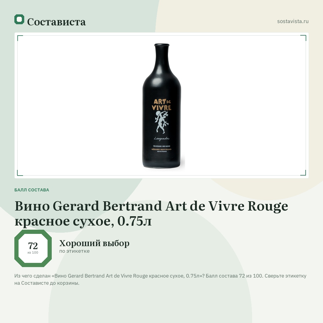Вино Gerard Bertrand Art de Vivre Rouge красное сухое, 0.75л: балл состава 72 из 100 — Состависта