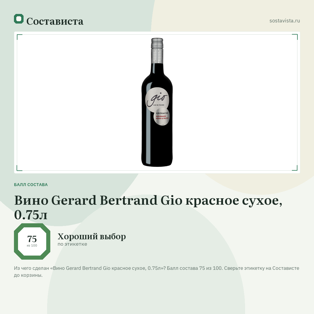 Вино Gerard Bertrand Gio красное сухое, 0.75л: балл состава 75 из 100 — Состависта