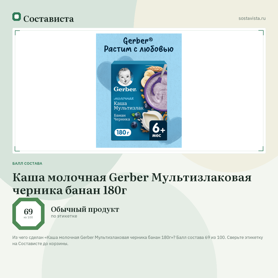 Каша молочная Gerber Мультизлаковая черника банан 180г: балл состава 69 из 100 — Состависта
