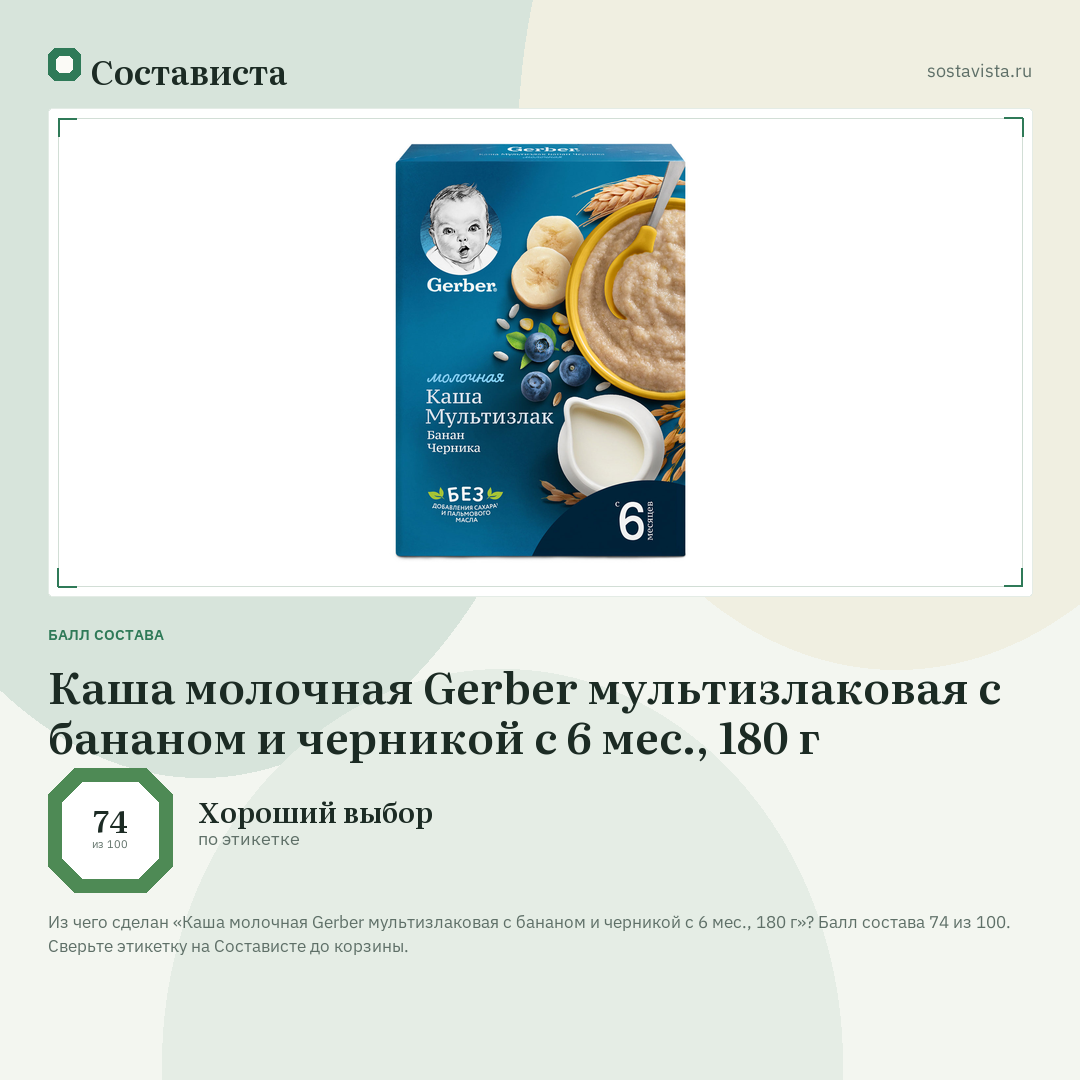 Каша молочная Gerber мультизлаковая с бананом и черникой с 6 мес., 180 г: балл состава 74 из 100 — Состависта
