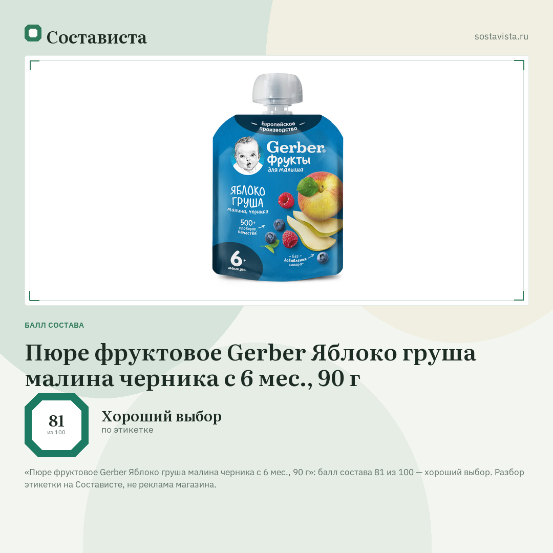 Пюре фруктовое Gerber Яблоко груша малина черника с 6 мес., 90 г: балл состава 81 из 100 — Состависта