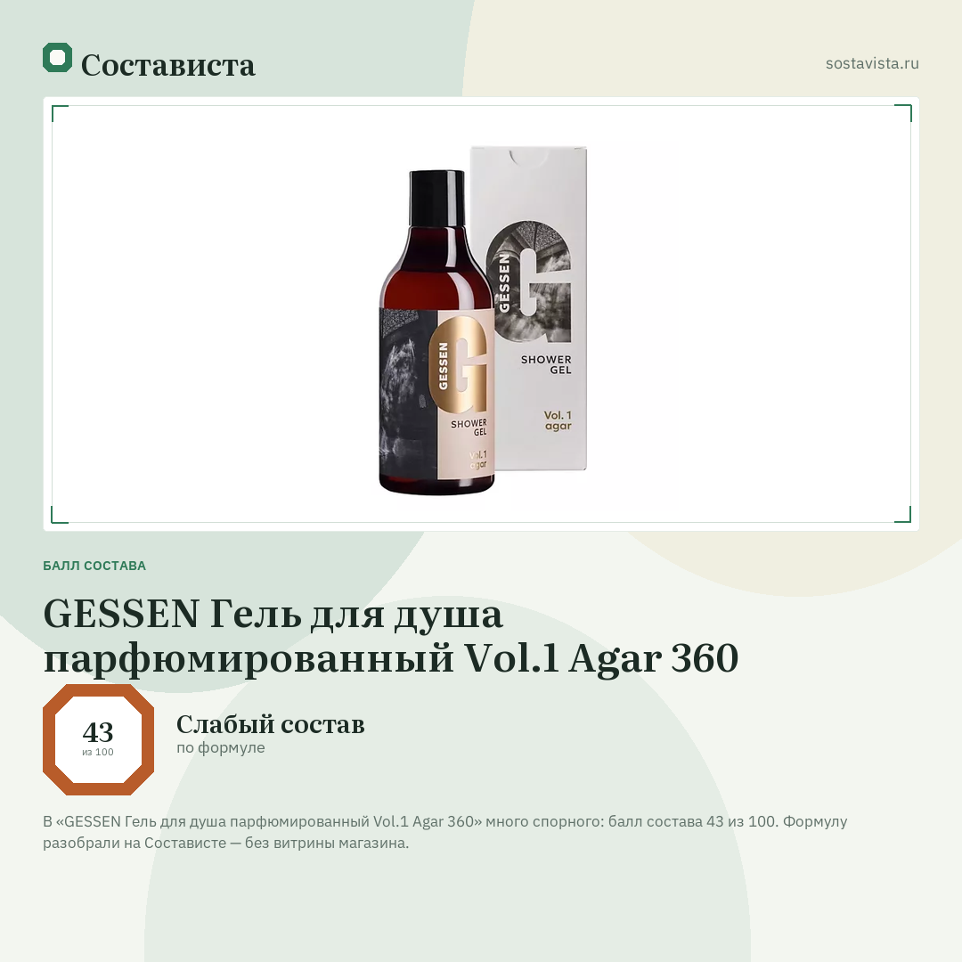 GESSEN Гель для душа парфюмированный Vol.1 Agar 360: балл состава 43 из 100 — Состависта