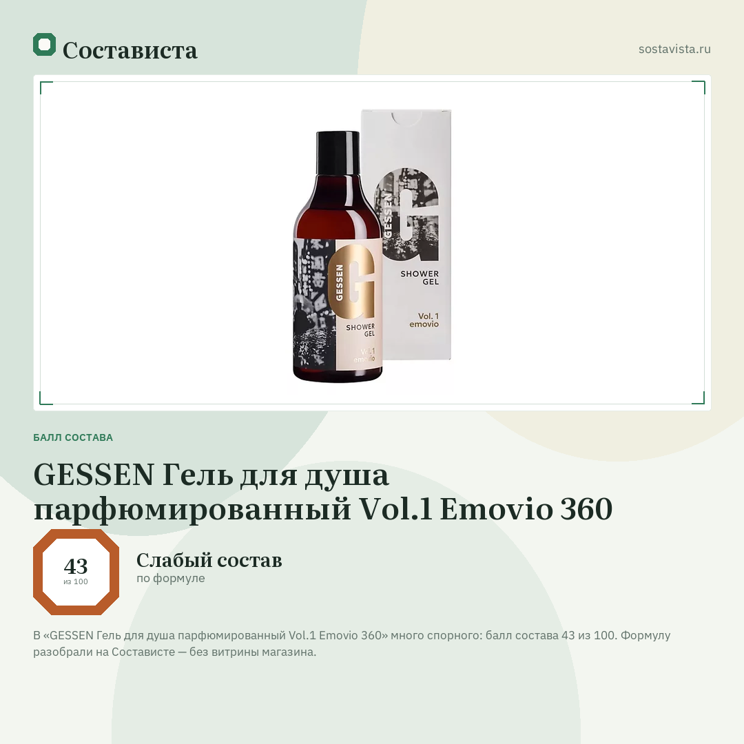 GESSEN Гель для душа парфюмированный Vol.1 Emovio 360: балл состава 43 из 100 — Состависта