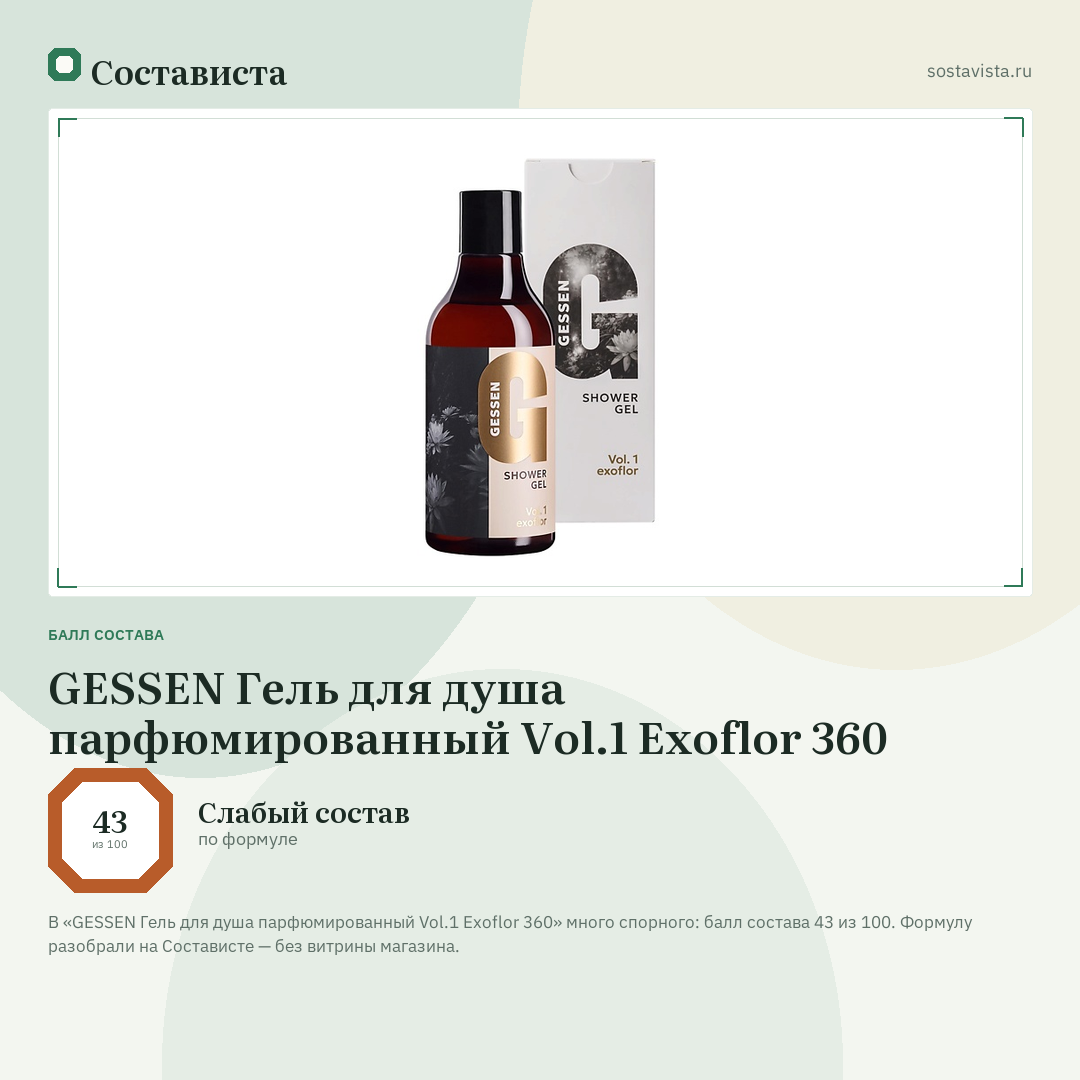 GESSEN Гель для душа парфюмированный Vol.1 Exoflor 360: балл состава 43 из 100 — Состависта