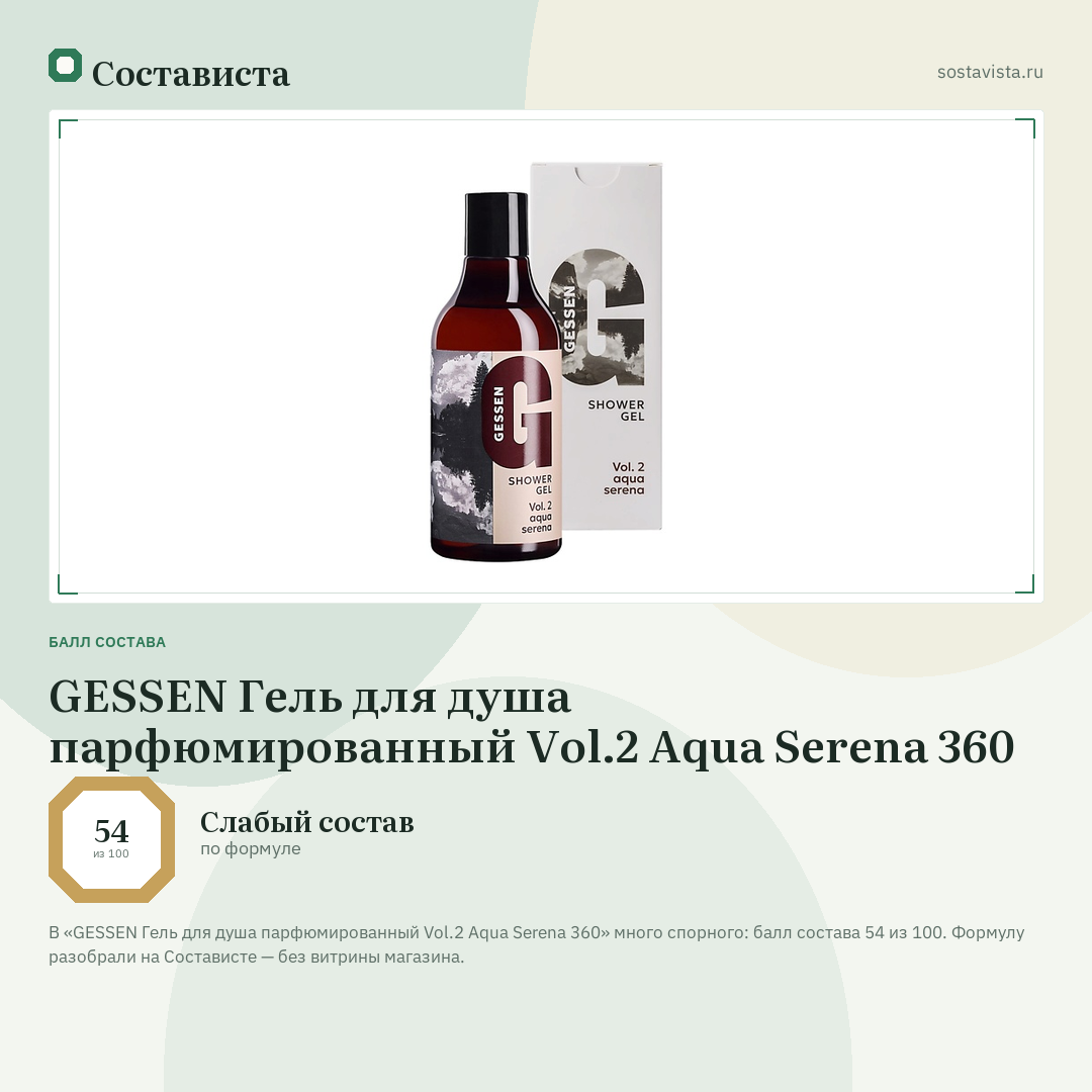 GESSEN Гель для душа парфюмированный Vol.2 Aqua Serena 360: балл состава 54 из 100 — Состависта