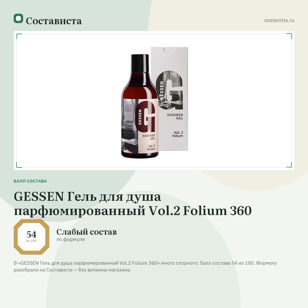 GESSEN Гель для душа парфюмированный Vol.2 Folium 360: балл состава 54 из 100 — Состависта