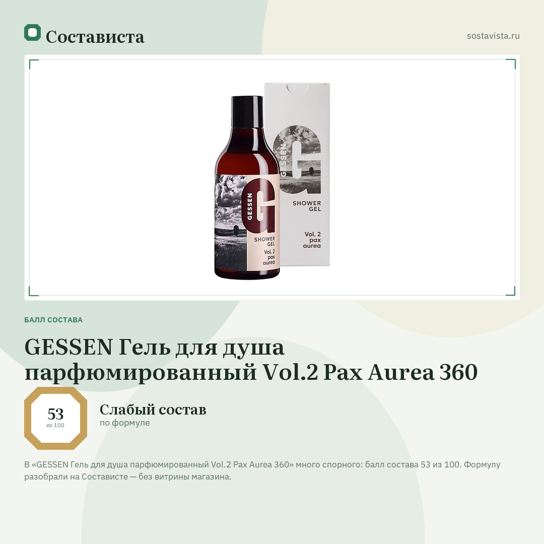 GESSEN Гель для душа парфюмированный Vol.2 Pax Aurea 360: балл состава 53 из 100 — Состависта
