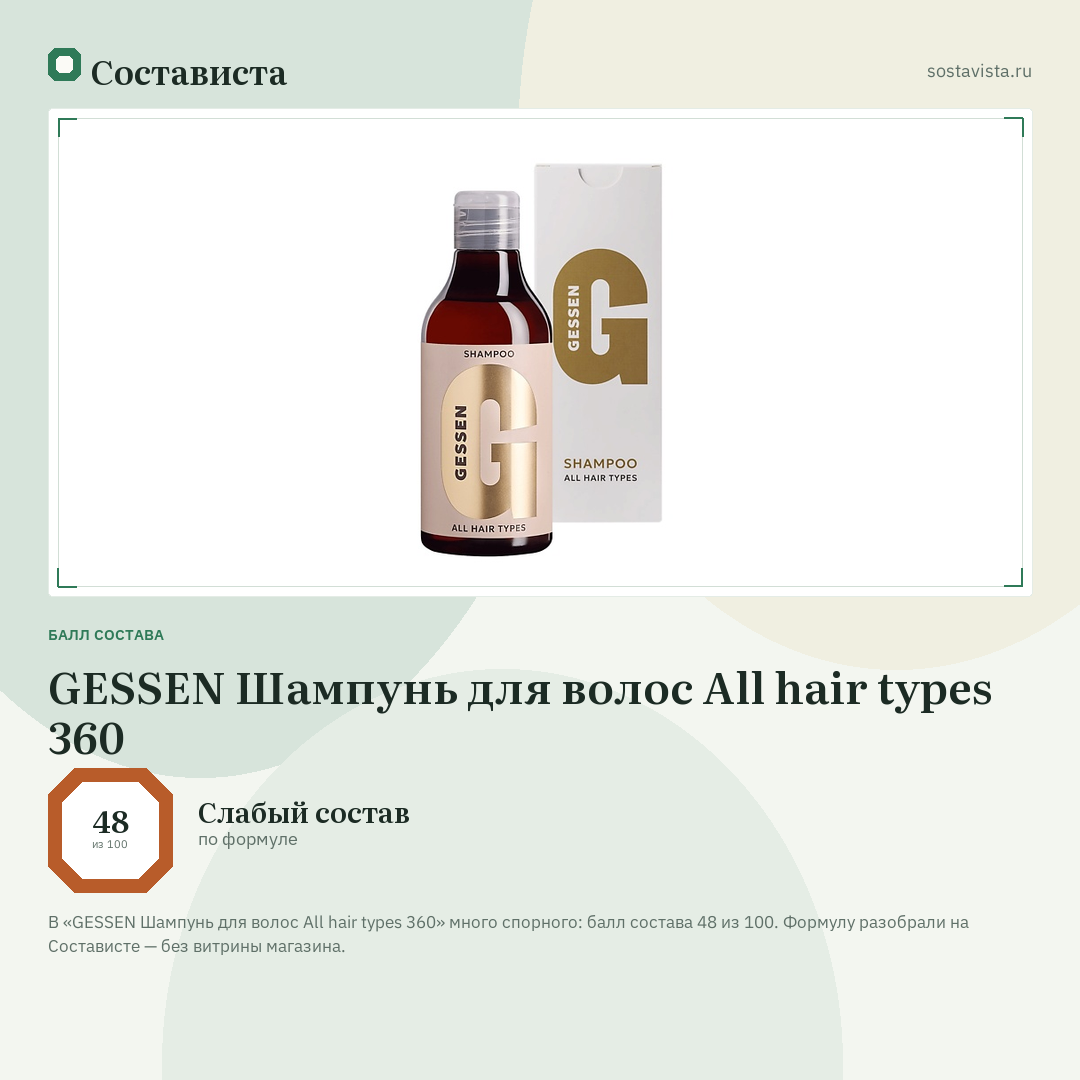GESSEN Шампунь для волос All hair types 360: балл состава 48 из 100 — Состависта