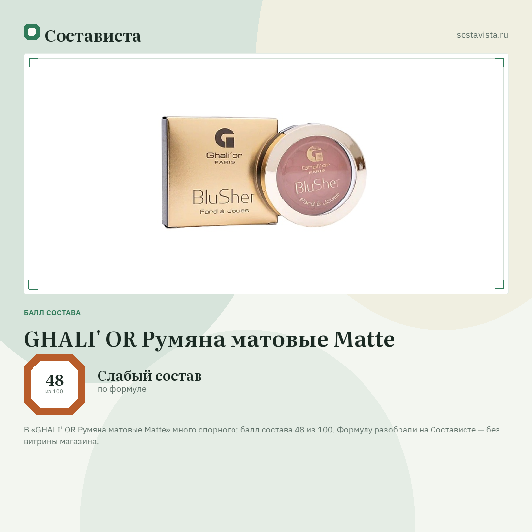 GHALI' OR Румяна матовые Matte: балл состава 48 из 100 — Состависта