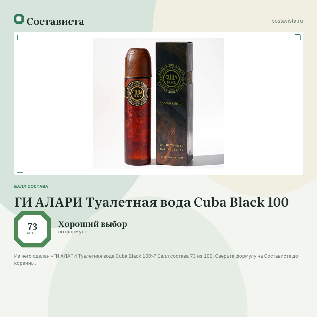 ГИ АЛАРИ Туалетная вода Cuba Black 100: балл состава 73 из 100 — Состависта