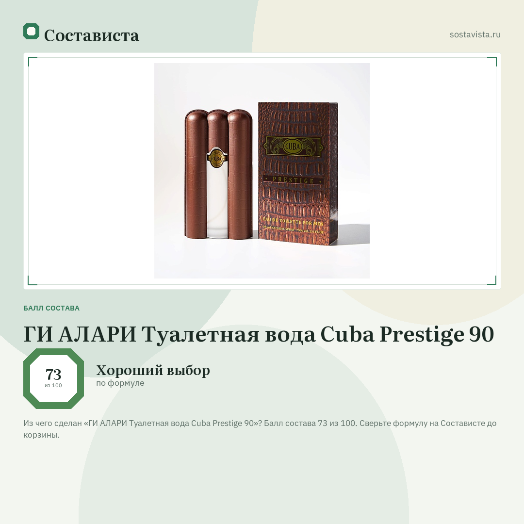 ГИ АЛАРИ Туалетная вода Cuba Prestige 90: балл состава 73 из 100 — Состависта