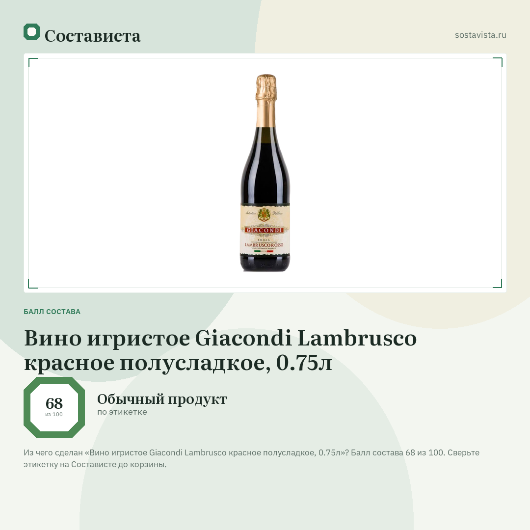 Вино игристое Giacondi Lambrusco красное полусладкое, 0.75л: балл состава 68 из 100 — Состависта