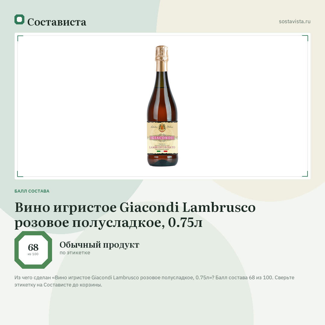 Вино игристое Giacondi Lambrusco розовое полусладкое, 0.75л: балл состава 68 из 100 — Состависта