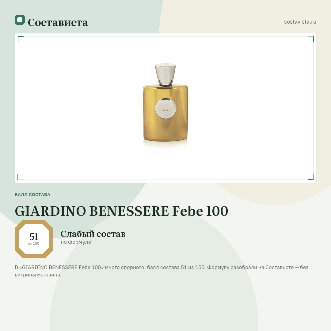 GIARDINO BENESSERE Febe 100: балл состава 51 из 100 — Состависта