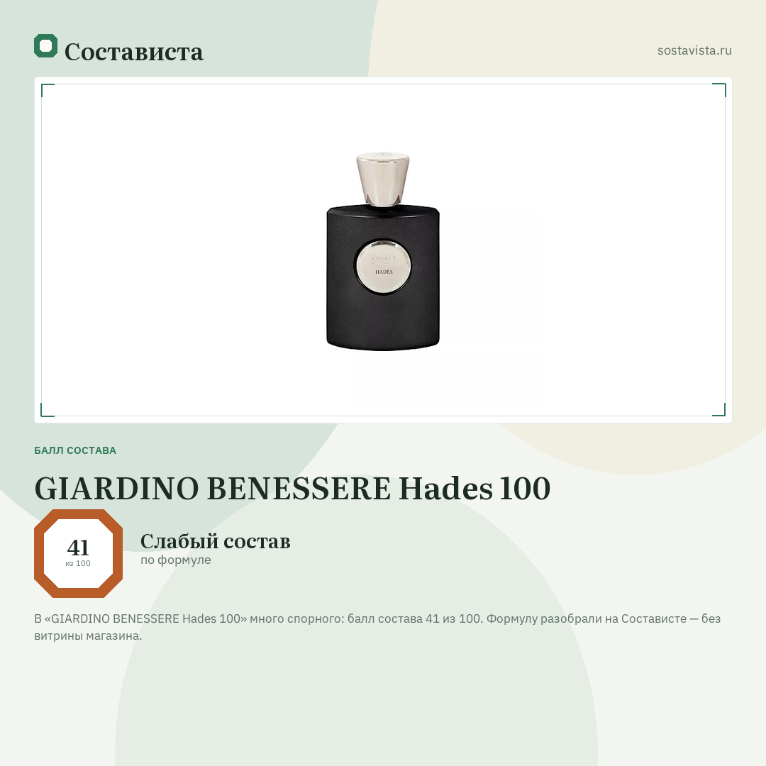 GIARDINO BENESSERE Hades 100: балл состава 41 из 100 — Состависта