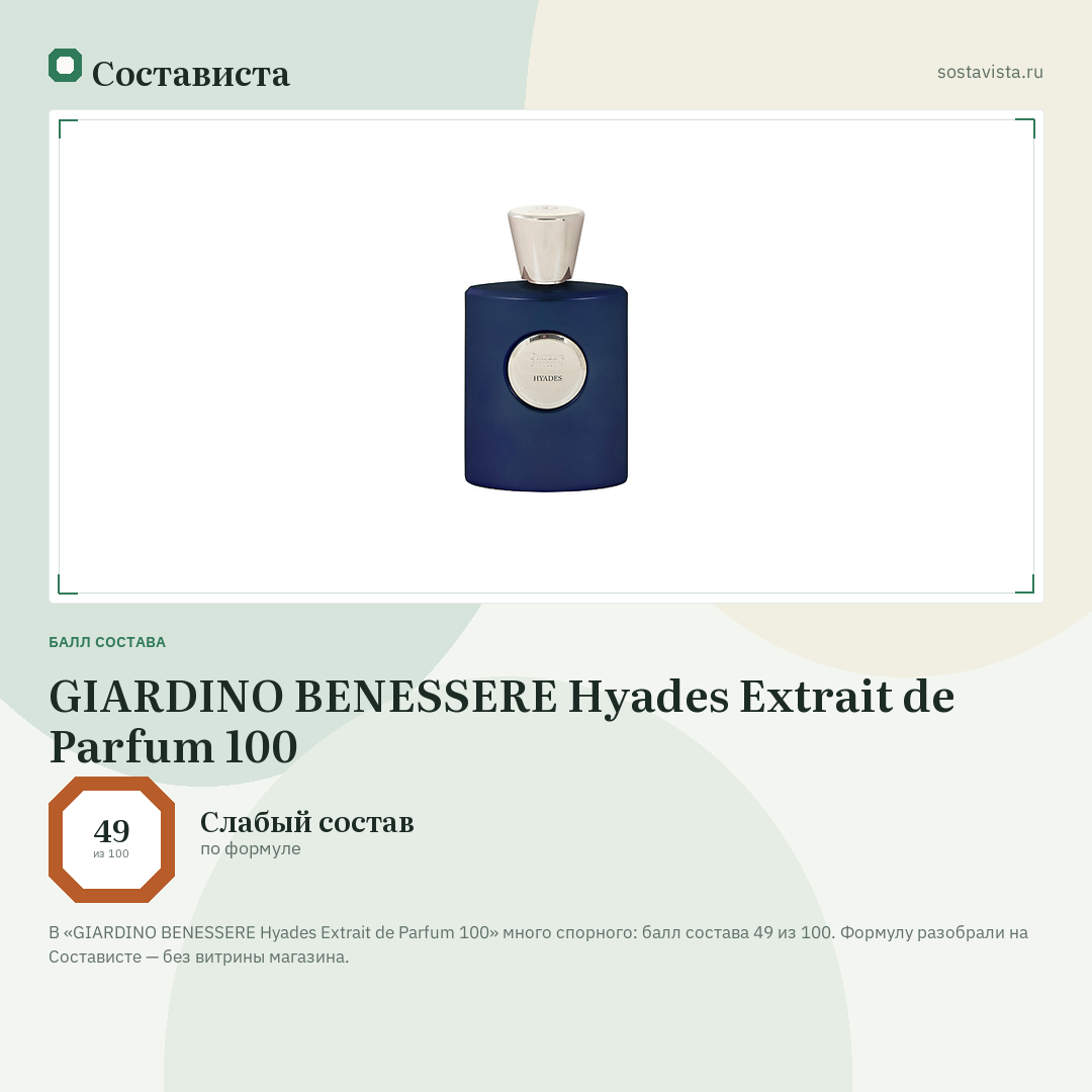 GIARDINO BENESSERE Hyades Extrait de Parfum 100: балл состава 49 из 100 — Состависта