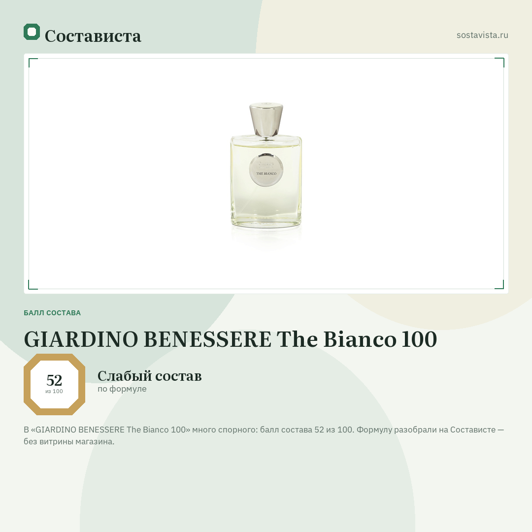 GIARDINO BENESSERE The Bianco 100: балл состава 52 из 100 — Состависта