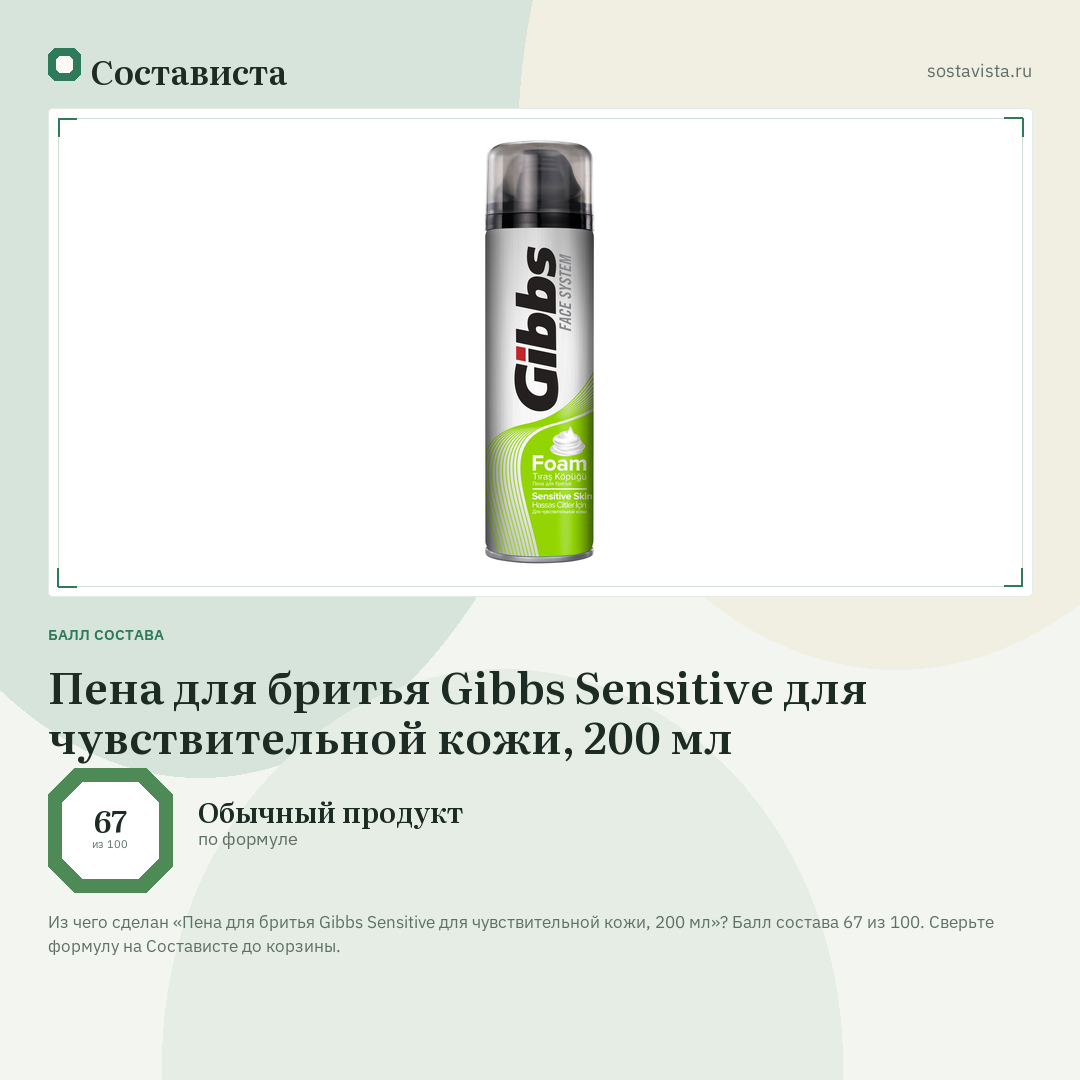 Пена для бритья Gibbs Sensitive для чувствительной кожи, 200 мл: балл состава 67 из 100 — Состависта
