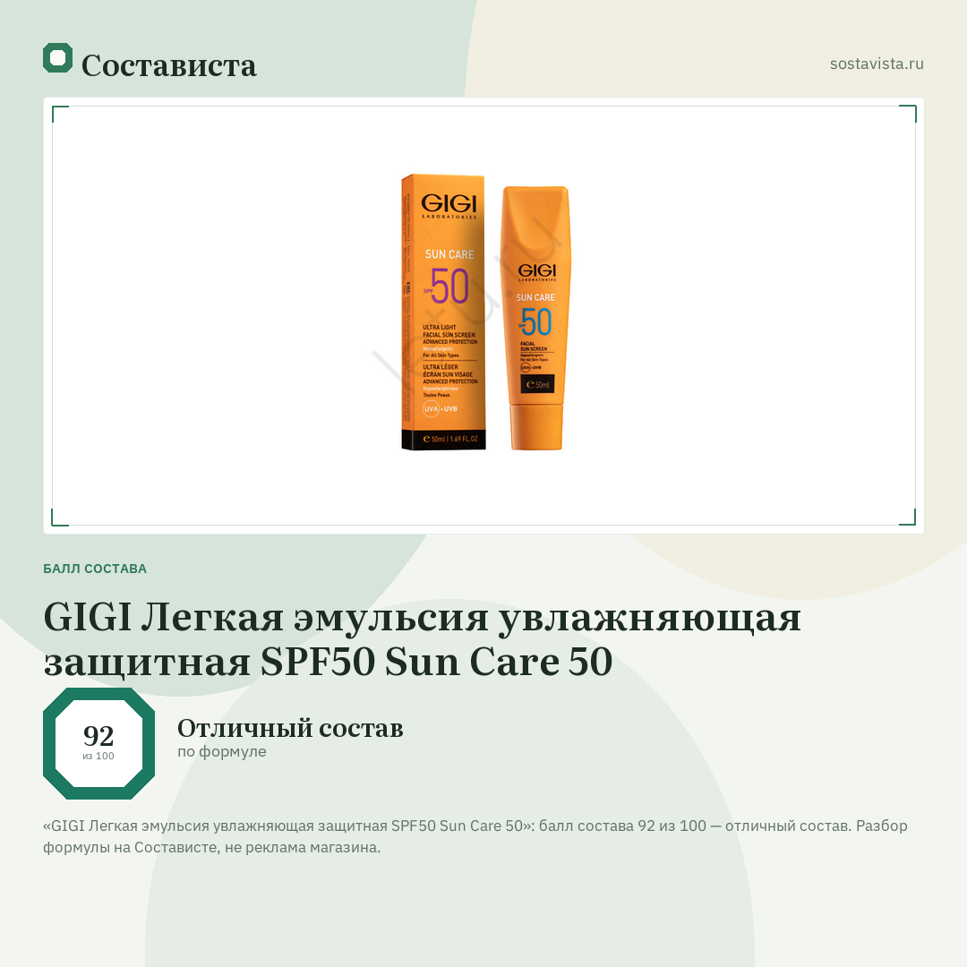 GIGI Легкая эмульсия увлажняющая защитная SPF50 Sun Care 50: балл состава 92 из 100 — Состависта