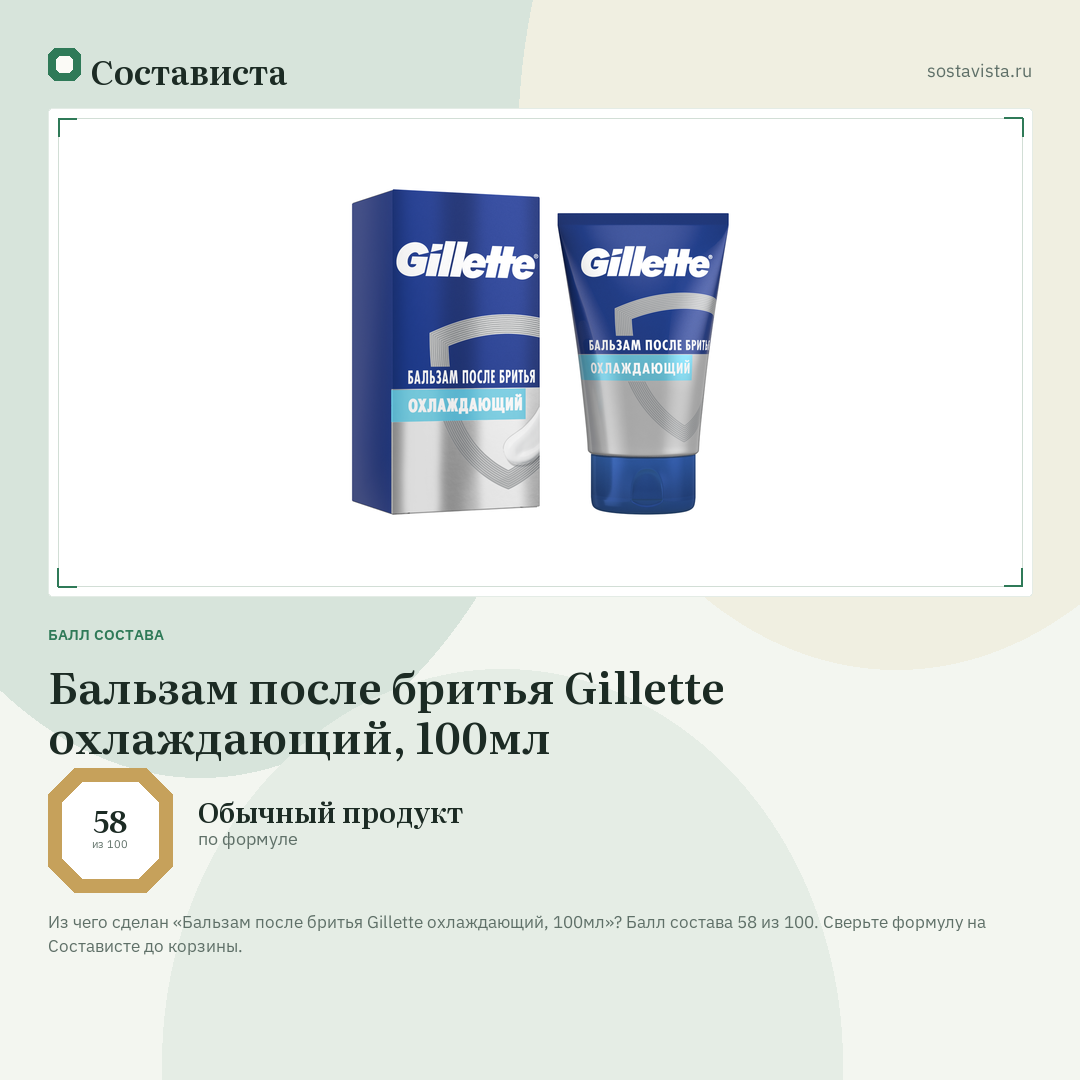 Бальзам после бритья Gillette охлаждающий, 100мл: балл состава 58 из 100 — Состависта