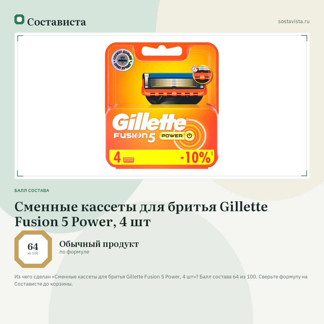 Сменные кассеты для бритья Gillette Fusion 5 Power, 4 шт: балл состава 64 из 100 — Состависта
