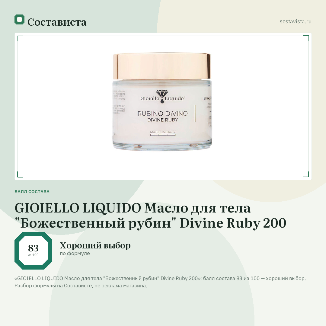 GIOIELLO LIQUIDO Масло для тела "Божественный рубин" Divine Ruby 200: балл состава 83 из 100 — Состависта