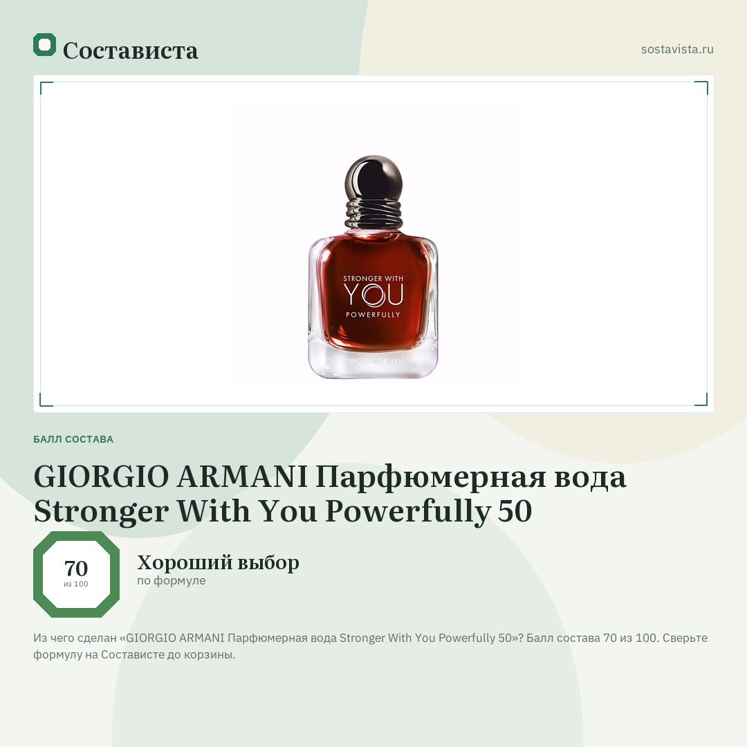 GIORGIO ARMANI Парфюмерная вода Stronger With You Powerfully 50: балл состава 70 из 100 — Состависта
