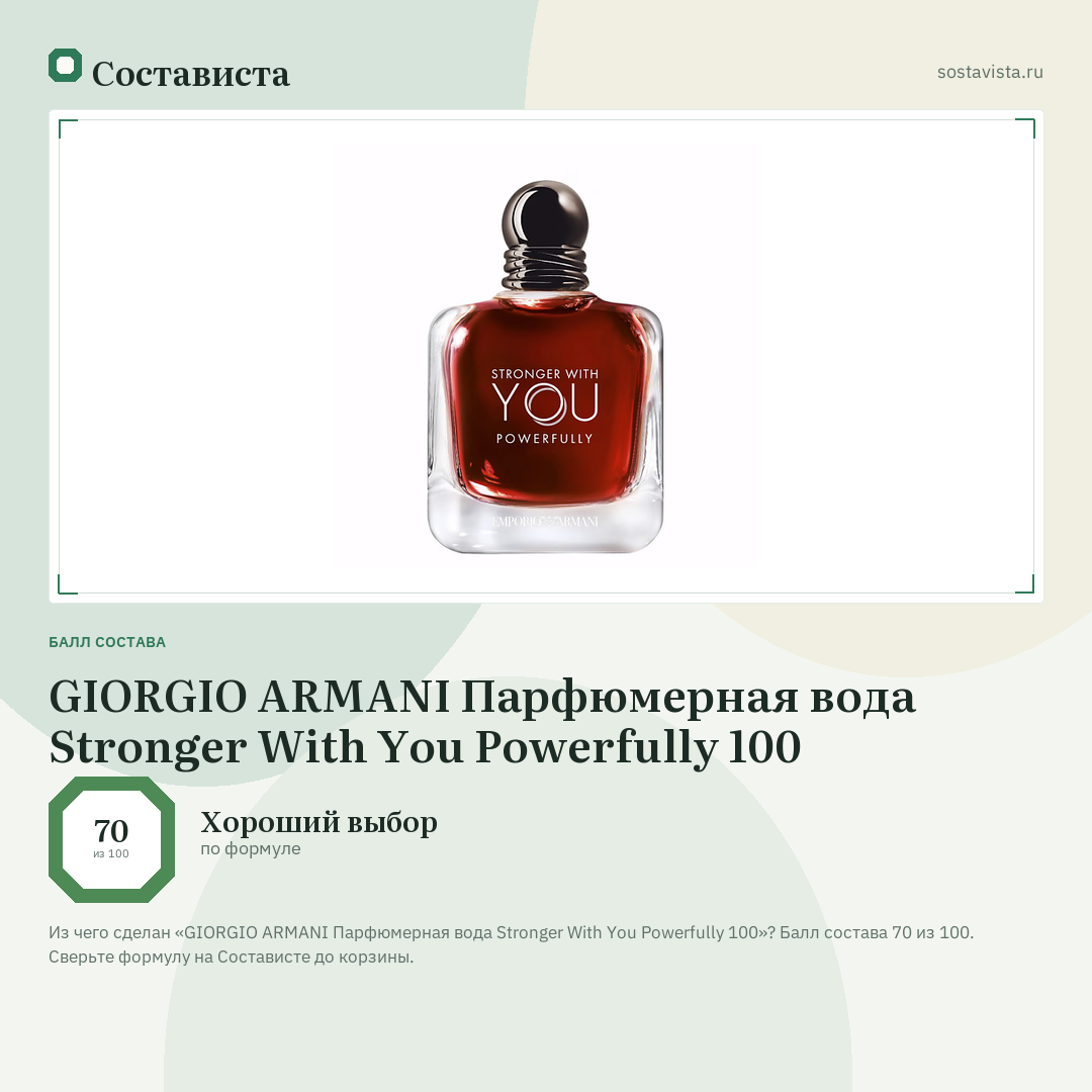 GIORGIO ARMANI Парфюмерная вода Stronger With You Powerfully 100: балл состава 70 из 100 — Состависта