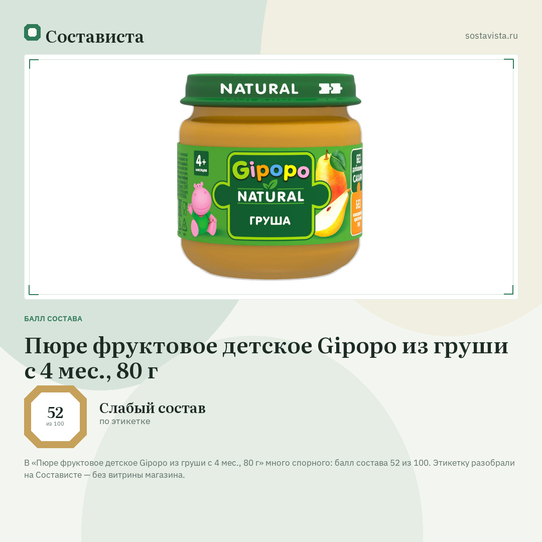 Пюре фруктовое детское Gipopo из груши с 4 мес., 80 г: балл состава 52 из 100 — Состависта