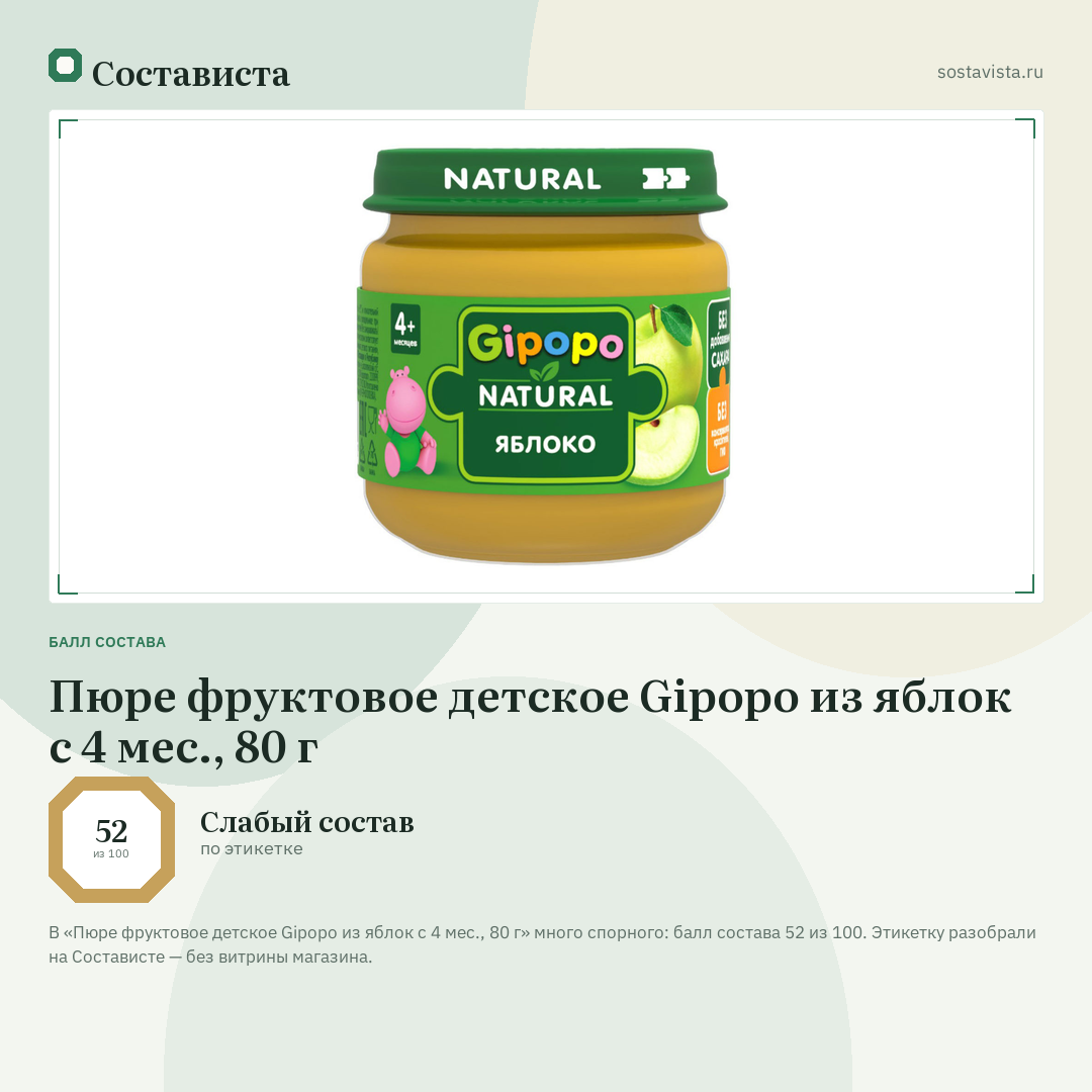 Пюре фруктовое детское Gipopo из яблок с 4 мес., 80 г: балл состава 52 из 100 — Состависта