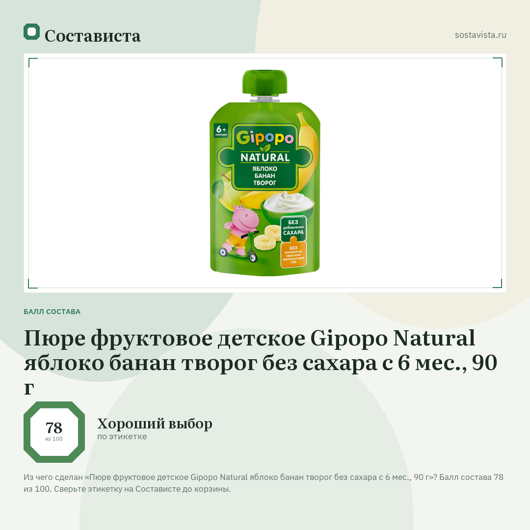Пюре фруктовое детское Gipopo Natural яблоко банан творог без сахара с 6 мес., 90 г: балл состава 78 из 100 — Состависта